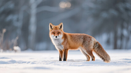 Fototapeta premium Photorealistic red fox in snow, ethereal cold-weather portrait.