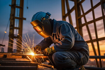 Welder Working on Steel Structure at Sunset