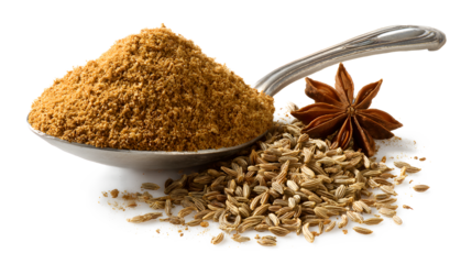 Ground cumin in a spoon and whole cumin isolated on a white background