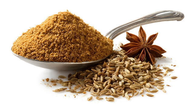 Ground cumin in a spoon and whole cumin isolated on a white background