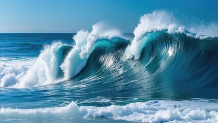 Powerful ocean waves crashing with white foam and spray. Nature and water elements. The dynamic movement of sea waves.