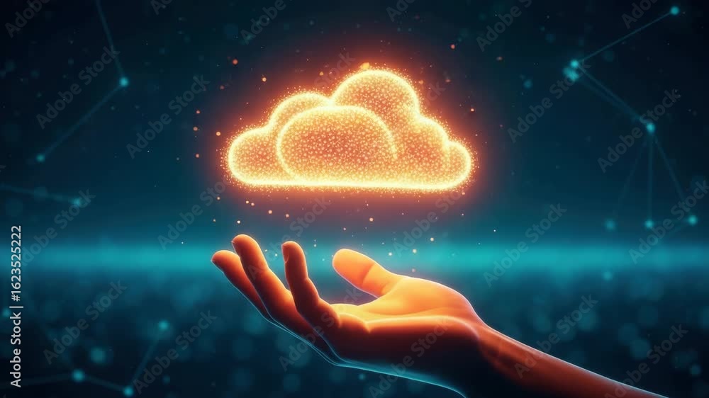 Poster a glowing digital cloud icon is being held in an outstretched hand against a dark futuristic backgro
