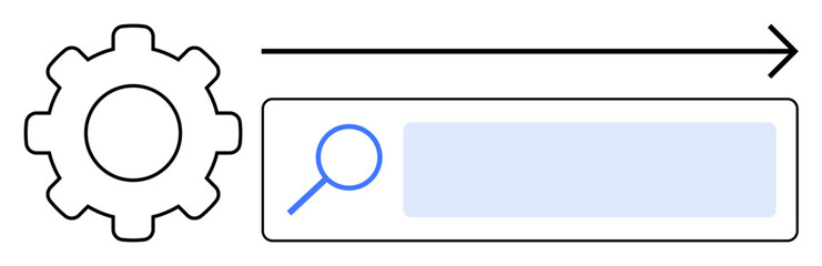 Gear, magnifying glass in a search bar, and arrow highlighting automation, search process, optimization, workflow, innovation, productivity navigation. Ideal for digital platforms educational