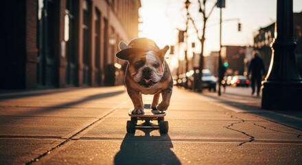 Dog skateboarding in city street at sunset