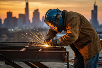 Welder Working on Steel Structure at Sunset