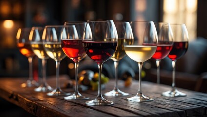 Multiple glasses of wine on a table with different colors, set in a warm, cozy environment. The scene suggests a wine tasting or a social gathering.