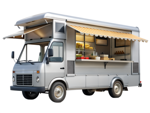 Silver food truck with awnings open, ready to serve customers isolated on transparent background