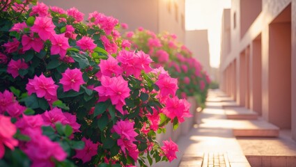 Colorful flowers on the street with buildings in the background during sunset. Urban and nature scene. The concept of outdoor living and city contrast.