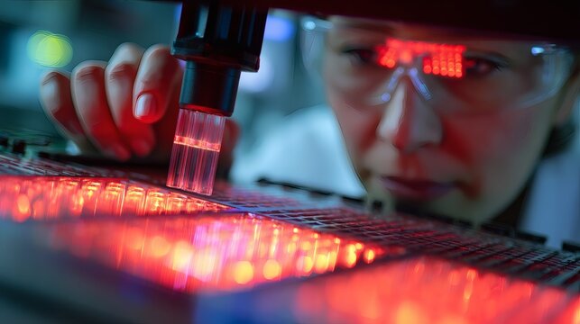 Automated PCR Machine with Sample Cartridge and Glowing Indicators in Clinical Lab Close-Up