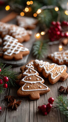 Delightful gingerbread Christmas cookies decorated with icing and surrounded by festive greenery