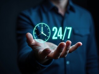 Man s hand holding a glowing blue digital clock icon with 24 7 service symbol