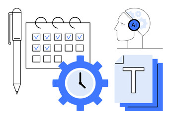 Pen, calendar with checkmarks, AI head with gears, clock gear, and text sheets. Ideal for productivity, automation, organization, planning task tracking time management simple landing page