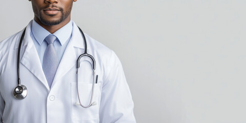 Male doctor, African-American without a face, in a white coat and with a stethoscope, against a white isolated background. The concept of health. Copy Space, Background, Banner