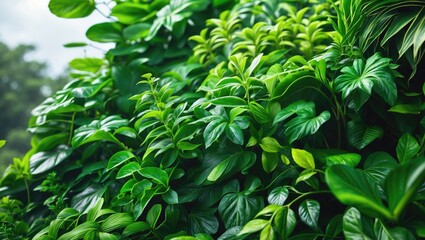 Fototapeta premium Dense green foliage with lush leaves, vibrant and healthy, showcasing abundant plant growth.