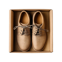 Stylish brown shoes in box fashion showcase urban environment top view