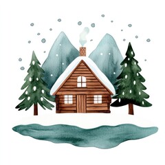 Naklejka premium Watercolor winter scene with falling snow over cozy cabin in forested mountain landscape for seasonal greeting cards