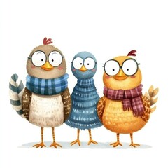 Obraz premium Whimsical family of cartoon turkeys in scarves watercolor art for children's room decor and thanksgiving festivity