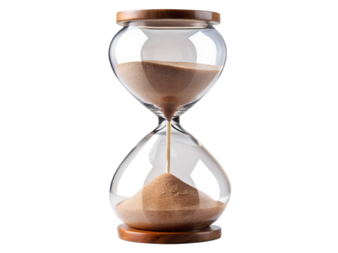 A glass hourglass with sand flowing, isolated on transparent background