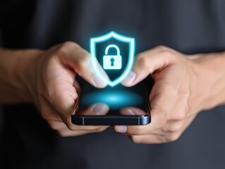 Person holding smartphone with glowing digital shield and padlock symbol representing cybersecurity and data protection