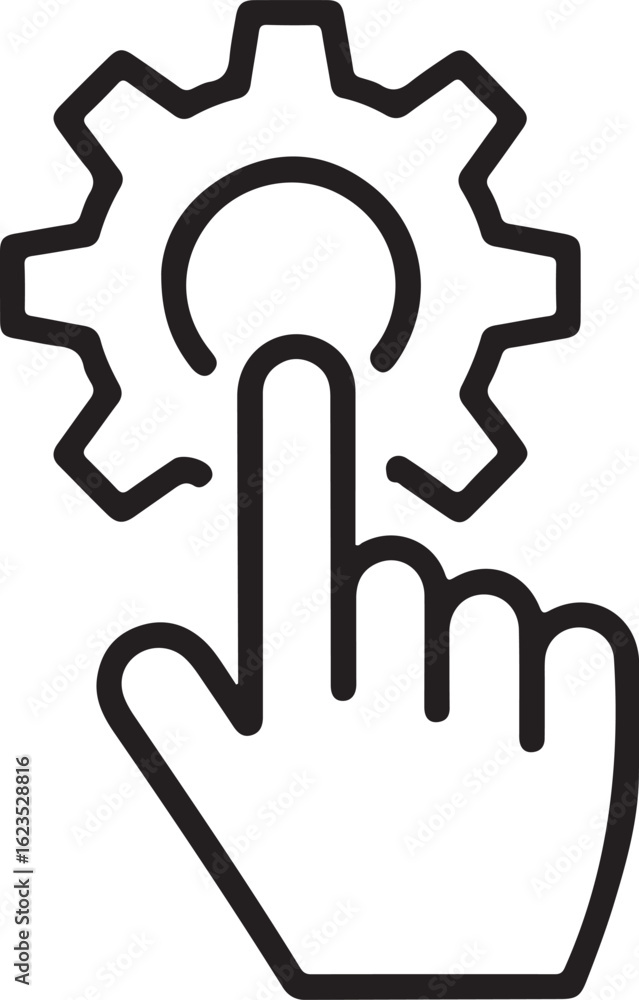 Poster hand pressing a button within a cogwheel symbolizing settings or configuration