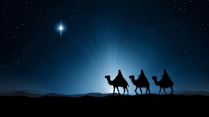 Silhouettes of three wise men on camels guided by a bright star in the night sky