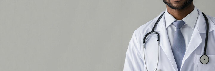 Male doctor, African-American without a face, in a white coat and with a stethoscope, against a grey isolated background. The concept of health. Copy Space, Background, Banner