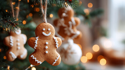 Close-up view of festive gingerbread man ornaments hanging on a Christmas tree with warm lights