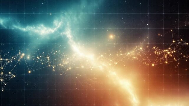 A stunning cosmic scene depicting a vibrant nebula with swirling colors of blue and orange interspersed with sparkling stars set against a grid background suggesting a digital universe