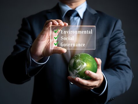 Businessman holding a glowing green earth and a transparent screen with environmental checklist and sustainability goals - Powered by Adobe