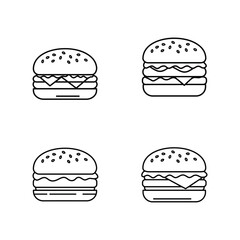 Four simple outline illustrations of delicious cheeseburgers with sesame seed buns