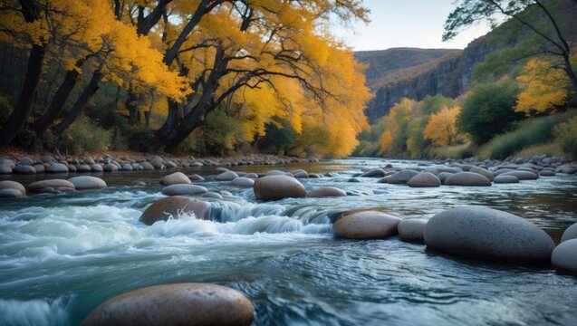 Fototapeta River with rocks flowing through trees and hills in autumn colors.