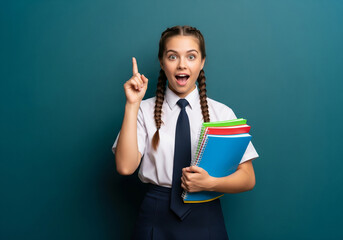 Young woman holds notebook in one arm while raising her other hand with a finger pointing up. In the dark blue background.