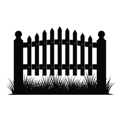Black Silhouette of Picket Fence with Grass Growing Up Offering Garden Privacy and Home Security in Isolated White Background