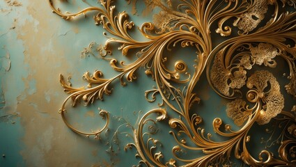 Ornate golden floral design with intricate details on a textured blue background. Decorative artistic pattern with elegant swirls and embellishments.