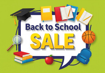 Promoting a Back to School Sale text displayed in a white speech bubble with school related items decorations on a bright green background.