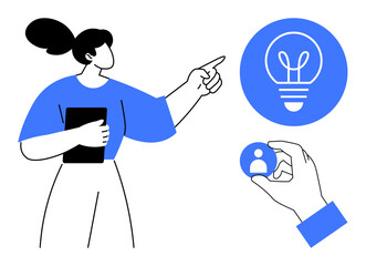 Woman points to lightbulb to signify ideas hand holds profile icon for user focus. Ideal for teamwork, creativity, inspiration, projects, brainstorming, innovation, simple landing page