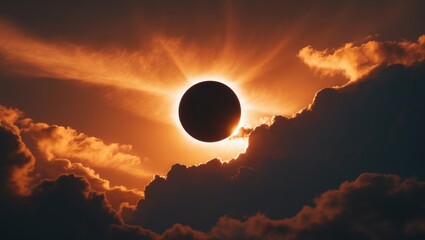 Solar eclipse during sunset with clouds and dramatic sky. Celestial event and sky scenery. The phenomenon of solar and eclipse. The concept of astronomical and atmospheric events.