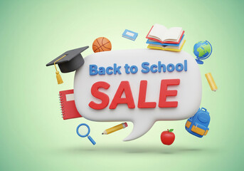 Promoting a Back to School Sale 3d text displayed in a white speech bubble with 3d school related items decorations on a soft green background.