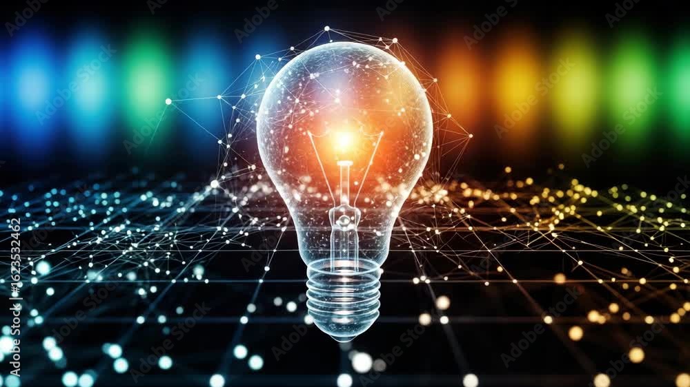 Poster a vibrant light bulb illuminated at the center of a digital network surrounded by colorful beams of 