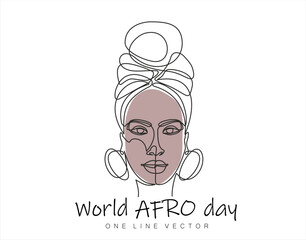 World Afro Day. September 15. Continuous one line drawing of beauty african woman. Hand drawn one line vector. Editable stroke