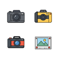 Collection of four distinct camera icons and a digital photo frame displaying a landscape scene