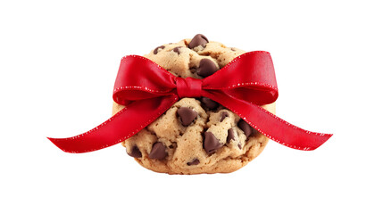 A cookie with a red ribbon tied around it. The cookie is covered in chocolate chips