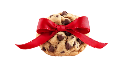 A cookie with a red ribbon tied around it. The cookie is covered in chocolate chips