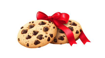 
Two chocolate chip cookies with a red ribbon in between them
11 