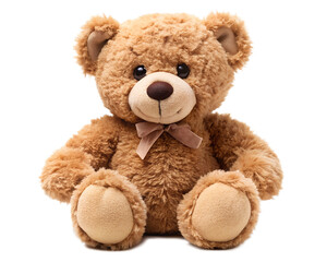 A fluffy brown teddy bear with a bow tie, sitting and isolated on a transparent background