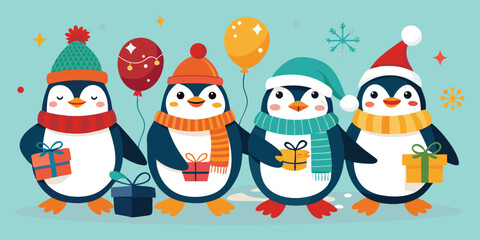 Four cartoon penguins wearing winter hats and scarves holding gifts christmas holiday
