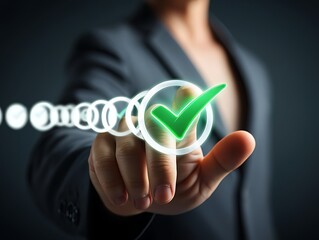 Business person s finger touching a glowing green checkmark on a digital interface signifying successful completion of a task