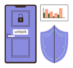 Purple door with open lock, data chart with bars, and shield with circuit lines. Ideal for cybersecurity, data protection, analysis, privacy, encryption safety and risk management. Simple flat