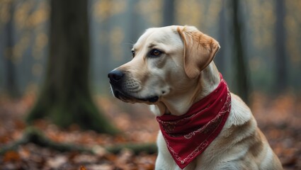 A dog with a red bandana in a forest setting.