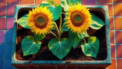 Two sunflower plants growing in a rectangular planter with multicolored tiles in the background.